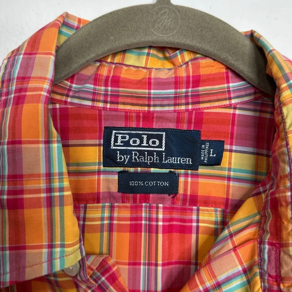 Polo Ralph Lauren Mens Large Pink Orange Plaid Short‎ Sleeve Cotton Button Shirt